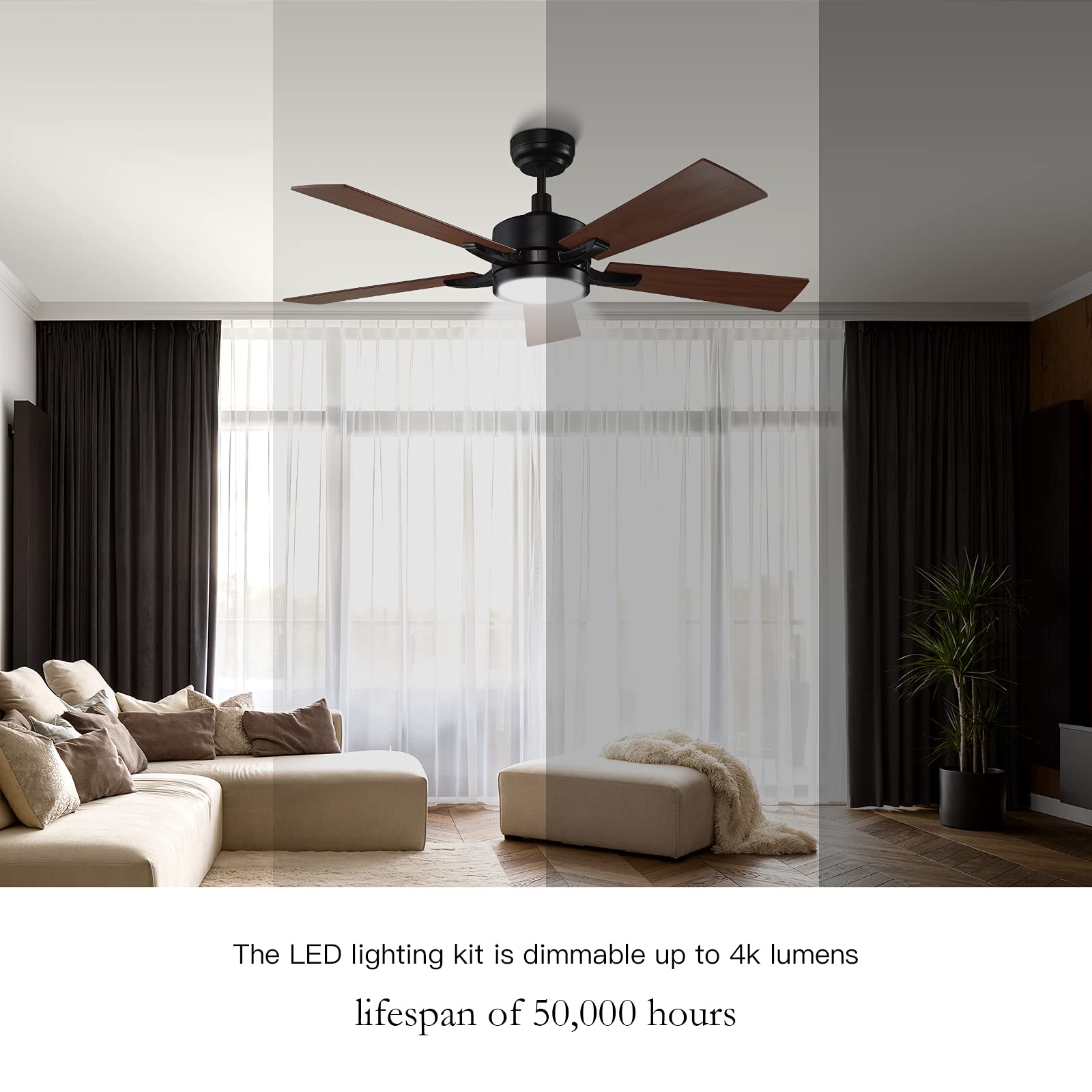 SMAFAN Smart Ceiling Fan 52'' 5-Blade with Remote Control, DC Motor with 10 Speed, Dimmable LED Light Kit Included, Apex Works with Google Assistant and Amazon Alexa, Siri Shortcut.…