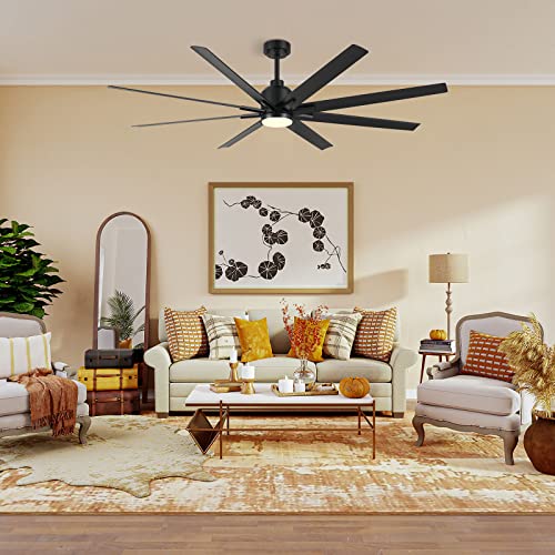 CJOY 72 inch Large Ceiling Fans with Lights and Remote, Black Modern Ceiling Fan for Patio 8 Blades, 6-Speed, Reversible DC Motor, Dimmable LED, Ceiling Fan with 12" & 24" Downrod, Indoor/Outdoor