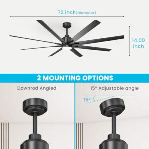 CJOY 72 inch Large Ceiling Fans with Lights and Remote, Black Modern Ceiling Fan for Patio 8 Blades, 6-Speed, Reversible DC Motor, Dimmable LED, Ceiling Fan with 12" & 24" Downrod, Indoor/Outdoor