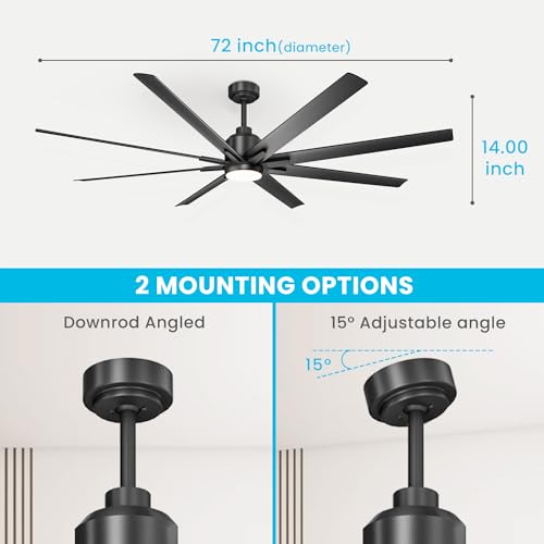 CJOY 72 inch Large Ceiling Fans with Lights and Remote, Black Modern Ceiling Fan for Patio 8 Blades, 6-Speed, Reversible DC Motor, Dimmable LED, Ceiling Fan with 12" & 24" Downrod, Indoor/Outdoor