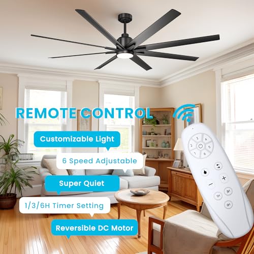 CJOY 72 inch Large Ceiling Fans with Lights and Remote, Black Modern Ceiling Fan for Patio 8 Blades, 6-Speed, Reversible DC Motor, Dimmable LED, Ceiling Fan with 12" & 24" Downrod, Indoor/Outdoor