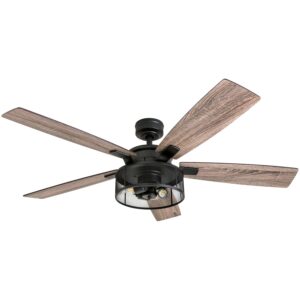 honeywell ceiling fans carnegie, 52 inch industrial style indoor led ceiling fan with light, remote control, dual mounting options, 5 dual finish blades, reversible airflow - 50614-01 (matte black)