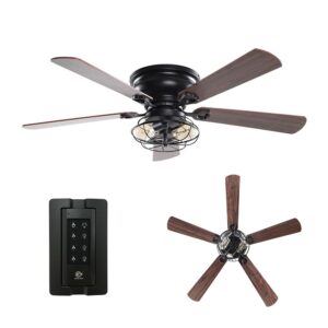 Parrot Uncle Ceiling Fans with Lights and Remote Flush Mount Ceiling Fan with Light for Bedroom Black Low Profile Ceiling Fan, 48 Inch