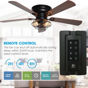 Parrot Uncle Ceiling Fans with Lights and Remote Flush Mount Ceiling Fan with Light for Bedroom Black Low Profile Ceiling Fan, 48 Inch