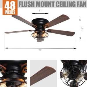 Parrot Uncle Ceiling Fans with Lights and Remote Flush Mount Ceiling Fan with Light for Bedroom Black Low Profile Ceiling Fan, 48 Inch