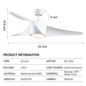 SNJ Smart Ceiling Fans with Lights and Remote, 52" White Ceiling Fan with Light, Modern Ceiling Fans with Remote/APP/Alexa Control, 3 Reversible Blades, Dimmable, Ceiling Fan for Bedroom Dining Room