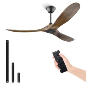 yzeenm 60 inch outdoor ceiling fan no light, 3 blade carved solid wood propeller ceiling fan with remote control, 6 speed quiet dc motor ceiling fans for patios porch, dark walnut color blade