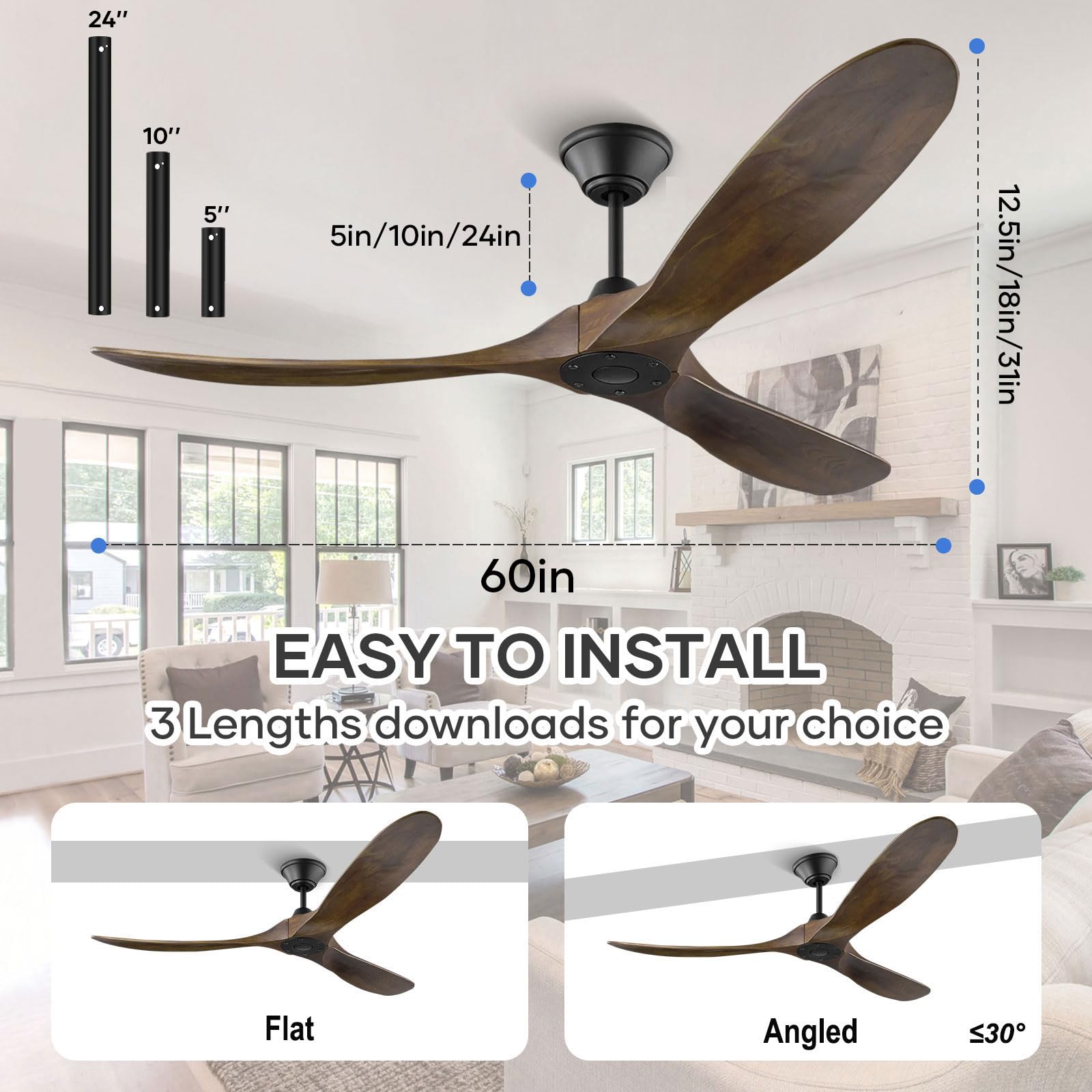 YZEENM 60 Inch Outdoor Ceiling Fan No Light, 3 Blade Carved Solid Wood Propeller Ceiling Fan with Remote Control, 6 Speed Quiet DC Motor Ceiling Fans for Patios Porch, Dark Walnut Color Blade