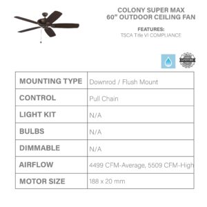 Monte Carlo 5CSM60RB Colony Super Max Dual Mount 60'' Outdoor Ceiling Fan with Pull Chain, 5 Blades, Roman Bronze