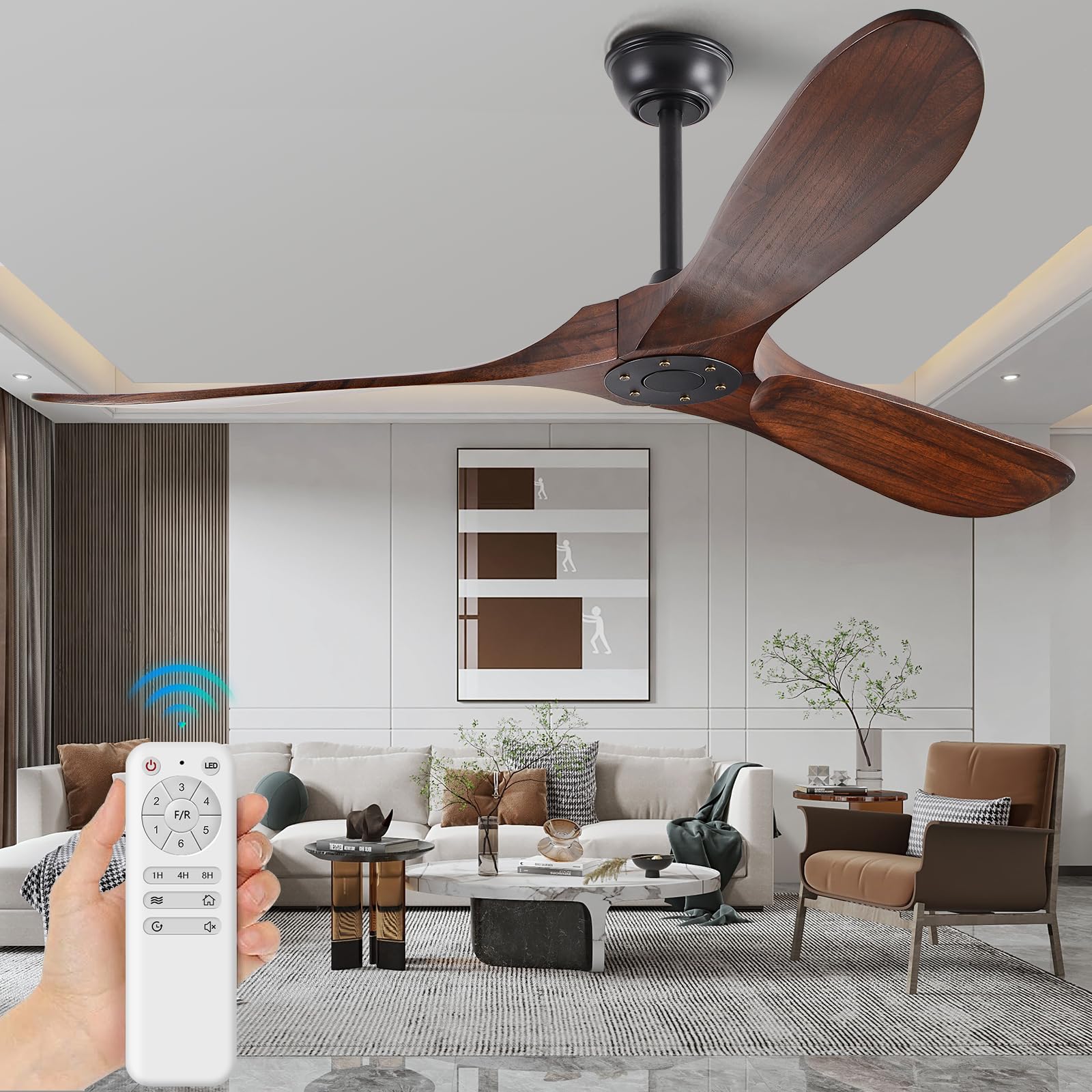 FISHMIX 60 Inch Ceiling Fans without Lights, Solid Wood Ceiling Fan No Light with Remote Control Indoor Outdoor Ceiling Fans for Patios, Living Room, Bedroom, Farmhouse and Gazebo, Deep Walnut