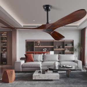 FISHMIX 60 Inch Ceiling Fans without Lights, Solid Wood Ceiling Fan No Light with Remote Control Indoor Outdoor Ceiling Fans for Patios, Living Room, Bedroom, Farmhouse and Gazebo, Deep Walnut