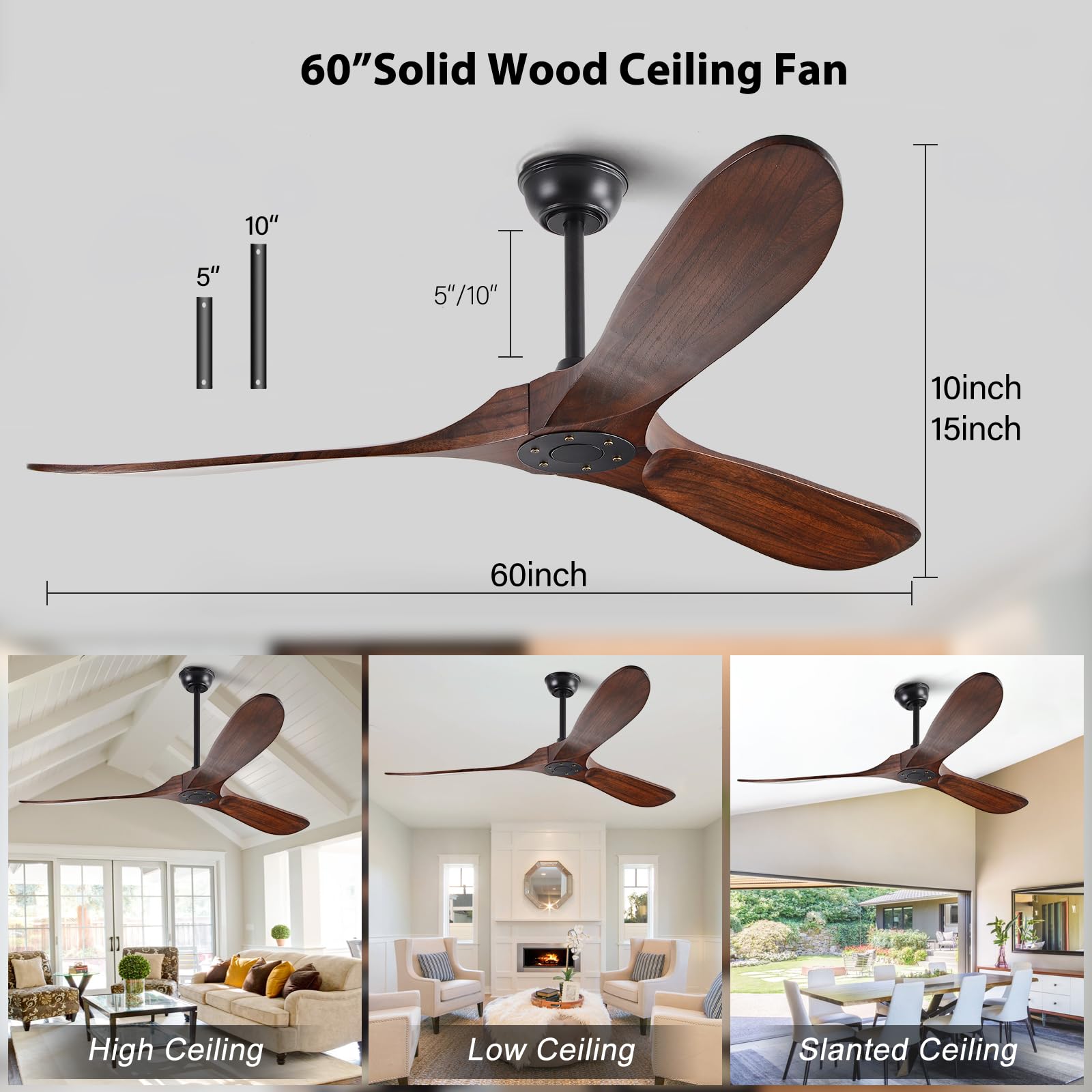 FISHMIX 60 Inch Ceiling Fans without Lights, Solid Wood Ceiling Fan No Light with Remote Control Indoor Outdoor Ceiling Fans for Patios, Living Room, Bedroom, Farmhouse and Gazebo, Deep Walnut