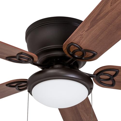 Prominence Home Benton, 52 Inch Traditional Flush Mount Indoor LED Ceiling Fan with Light, Pull Chains, Dual Finish Blades, Reversible Motor - 51429-01 (Bronze)