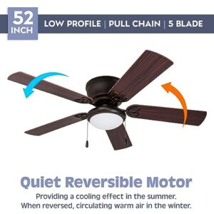 Prominence Home Benton, 52 Inch Traditional Flush Mount Indoor LED Ceiling Fan with Light, Pull Chains, Dual Finish Blades, Reversible Motor - 51429-01 (Bronze)