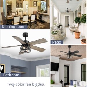 YOUKAIN Farmhouse Ceiling Fans, 48 Inch Industrial Ceiling Fan with Light and Remote Control, Clear Glass, 5-Reversible Blades with Matte Black/Wooden Finish, 52-YJ632