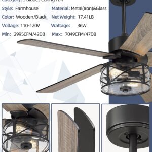 YOUKAIN Farmhouse Ceiling Fans, 48 Inch Industrial Ceiling Fan with Light and Remote Control, Clear Glass, 5-Reversible Blades with Matte Black/Wooden Finish, 52-YJ632