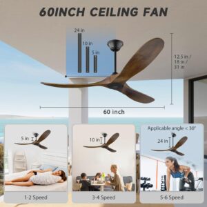 HDLWIS 60Inch Wood Ceiling Fan without Light, 3 Blade 6 Speed Quiet Reversible DC Motor Ceiling fan with Remote Control, Large Outdoor Ceiling Fans for Patios Outside Farmhouse, 5/10/24In Down-rod