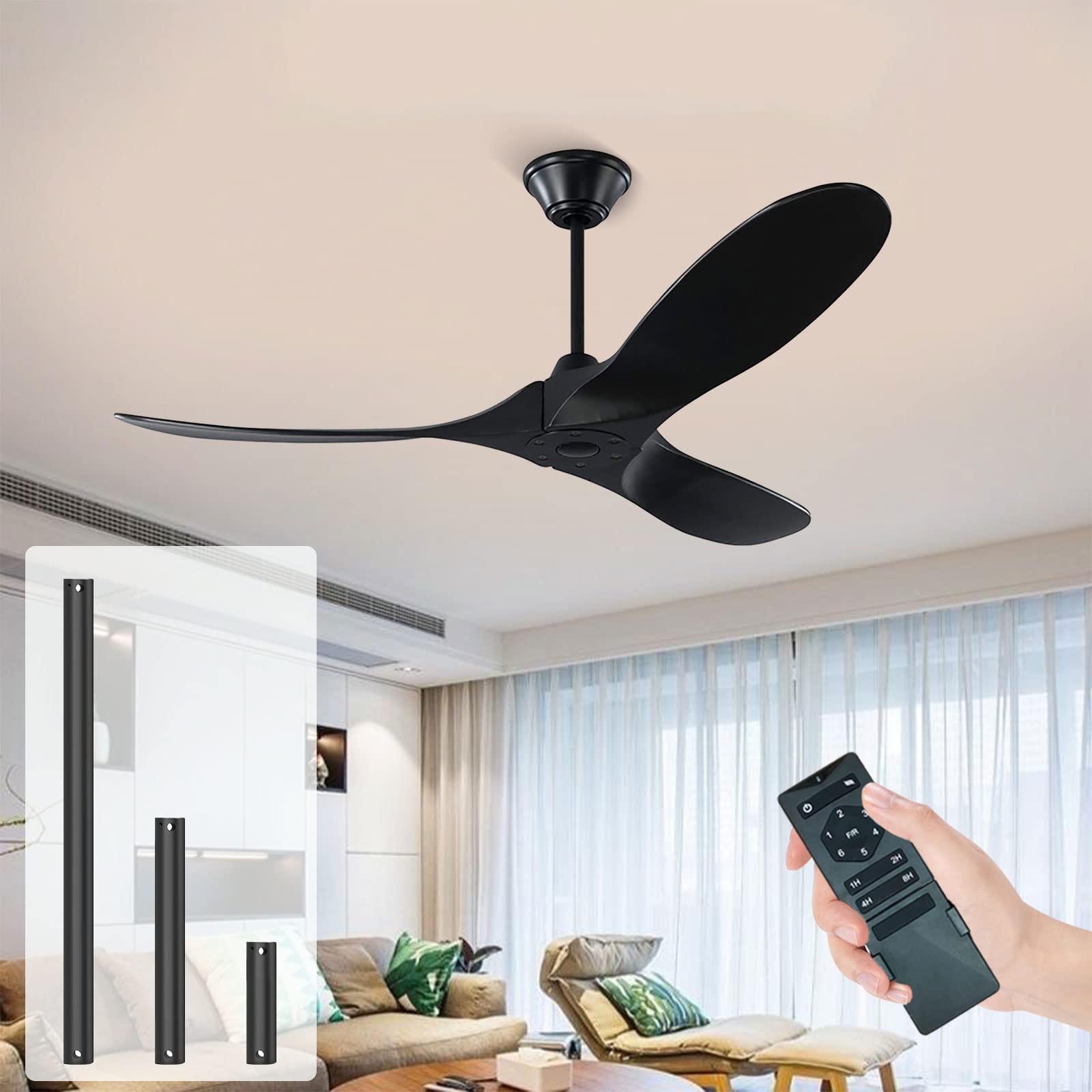 YZEENM 60 Inch Black Ceiling Fan No Light with Remote Control, 3 Reversible Black Solid Wood Blades, 6-Speed Noiseless DC Motor & 8H Timing,Modern Indoor/Outdoor Ceiling Fans Without Lights for Patios