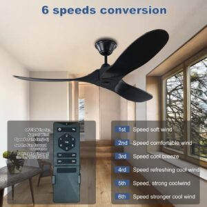 YZEENM 60 Inch Black Ceiling Fan No Light with Remote Control, 3 Reversible Black Solid Wood Blades, 6-Speed Noiseless DC Motor & 8H Timing,Modern Indoor/Outdoor Ceiling Fans Without Lights for Patios