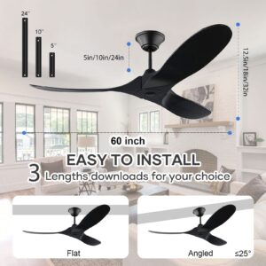 YZEENM 60 Inch Black Ceiling Fan No Light with Remote Control, 3 Reversible Black Solid Wood Blades, 6-Speed Noiseless DC Motor & 8H Timing,Modern Indoor/Outdoor Ceiling Fans Without Lights for Patios