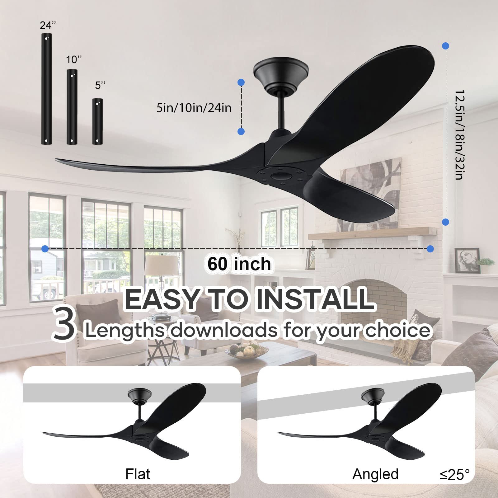 YZEENM 60 Inch Black Ceiling Fan No Light with Remote Control, 3 Reversible Black Solid Wood Blades, 6-Speed Noiseless DC Motor & 8H Timing,Modern Indoor/Outdoor Ceiling Fans Without Lights for Patios