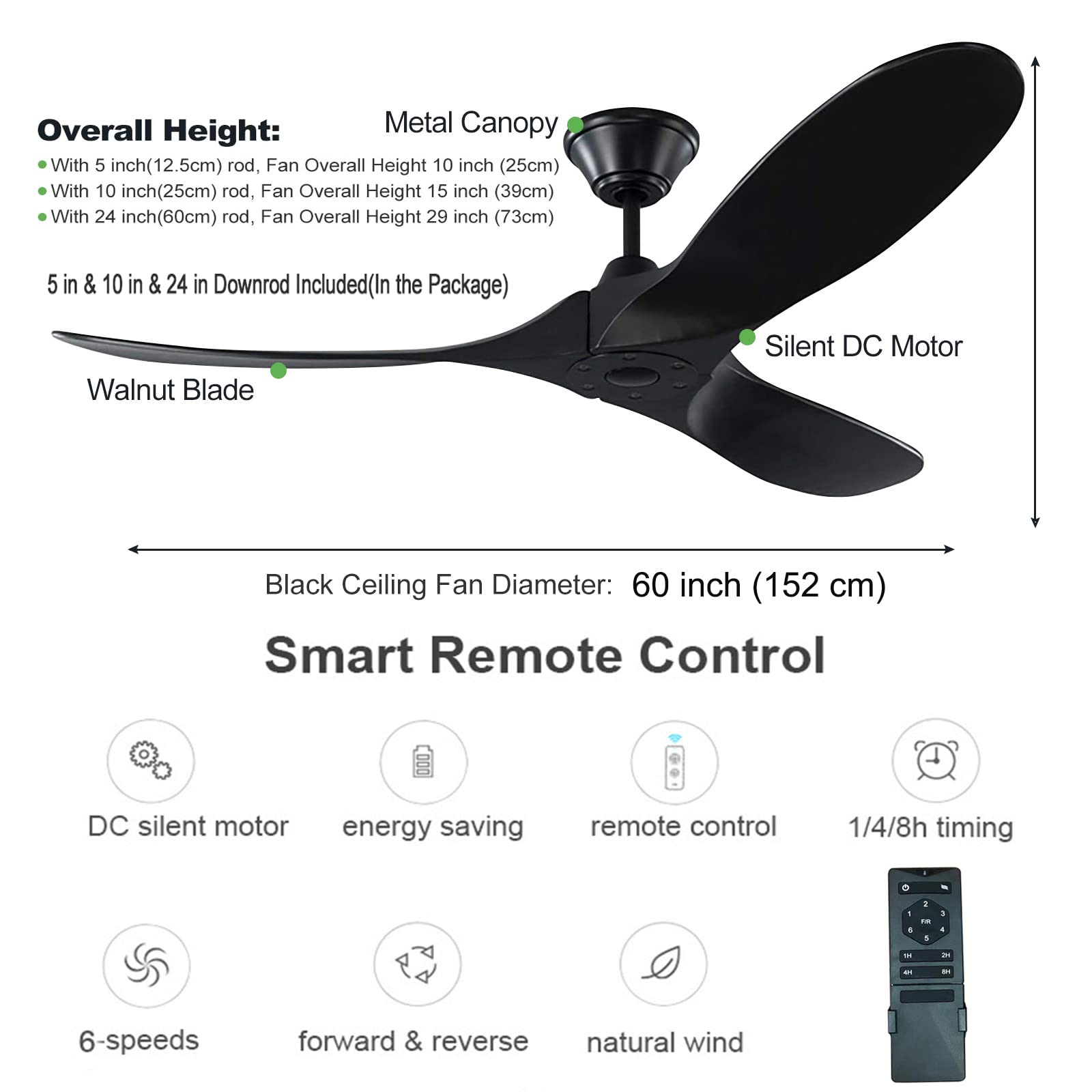 YZEENM 60 Inch Black Ceiling Fan No Light with Remote Control, 3 Reversible Black Solid Wood Blades, 6-Speed Noiseless DC Motor & 8H Timing,Modern Indoor/Outdoor Ceiling Fans Without Lights for Patios