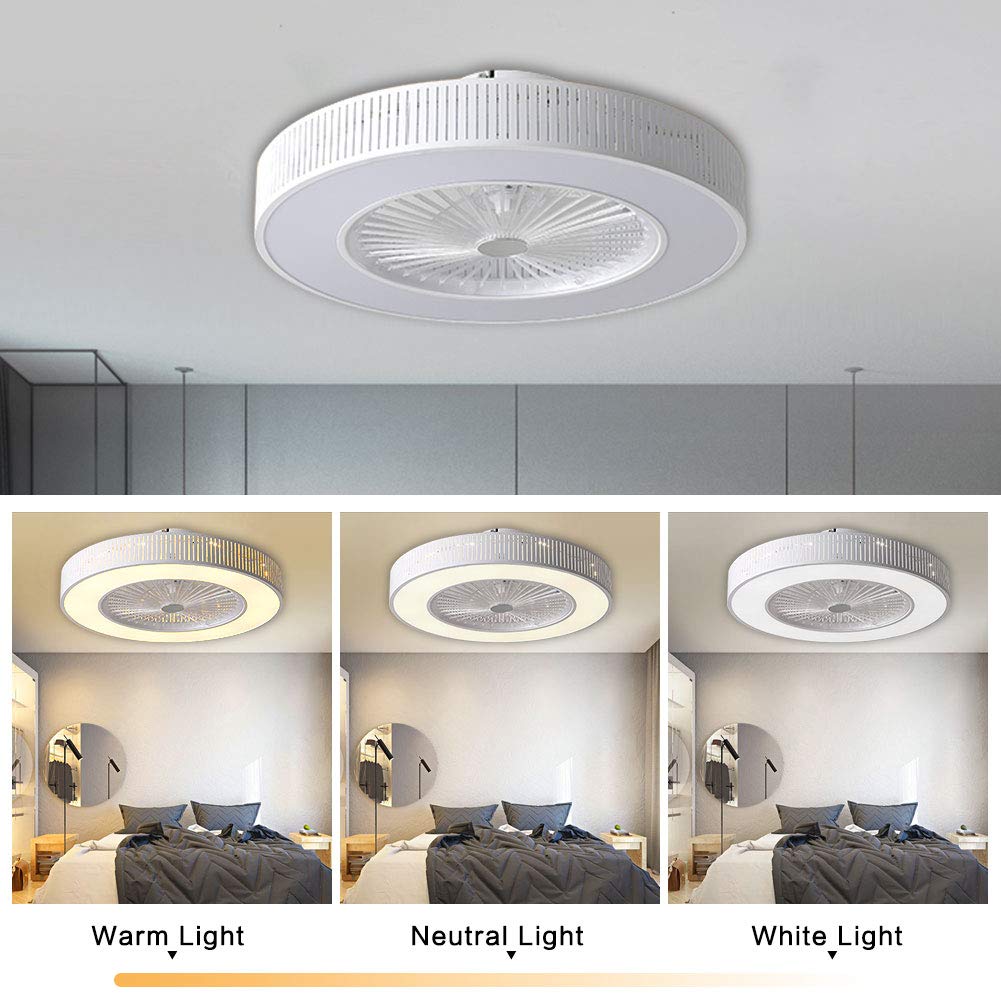 YIYIBYUS 23.5-Inch Modern Fan Chandelier LED 3 Colors 3 Speed with Remote Control Ceiling Fan Ceiling Light Mute Suitable for Living Room, Bedroom, Dining Room (white and black) (21.65 Inch White)