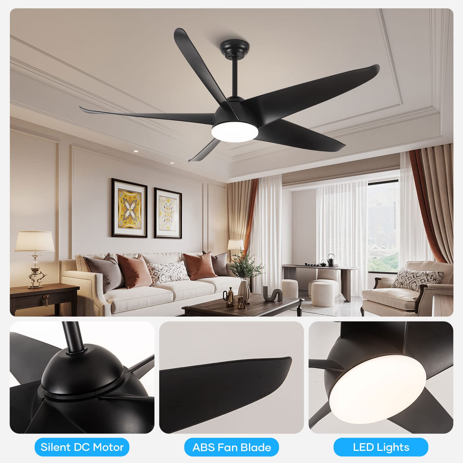 YZEENM 60 Inch Black Ceiling Fan with Light, Modern Outdoor Patios Ceiling Fan Farmhouse Style 5-Blades Ceiling Fans with Remote, 6-Speed, Reversible DC Motor for Bedroom, Living Room, Dining Room