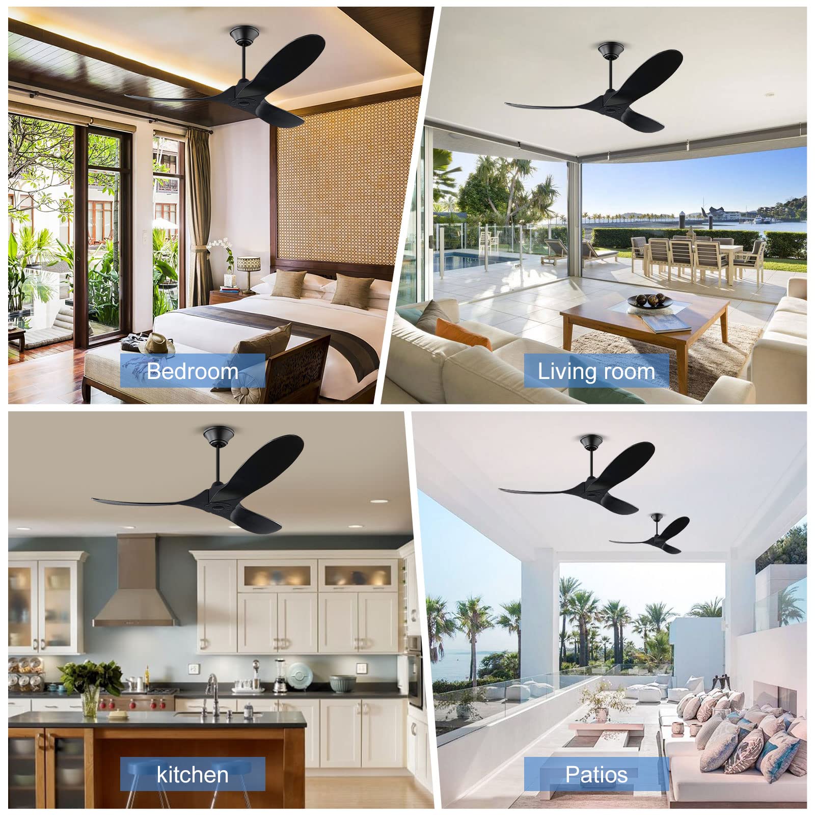 YZEENM 60 Inch Black Ceiling Fan Without Lights, Indoor Outdoor Ceiling Fans for Patios with Remote Control, 6 Speed Reversible Silent DC Motor, Modern Farmhouse 3 Blades Wood Ceiling Fan No Light