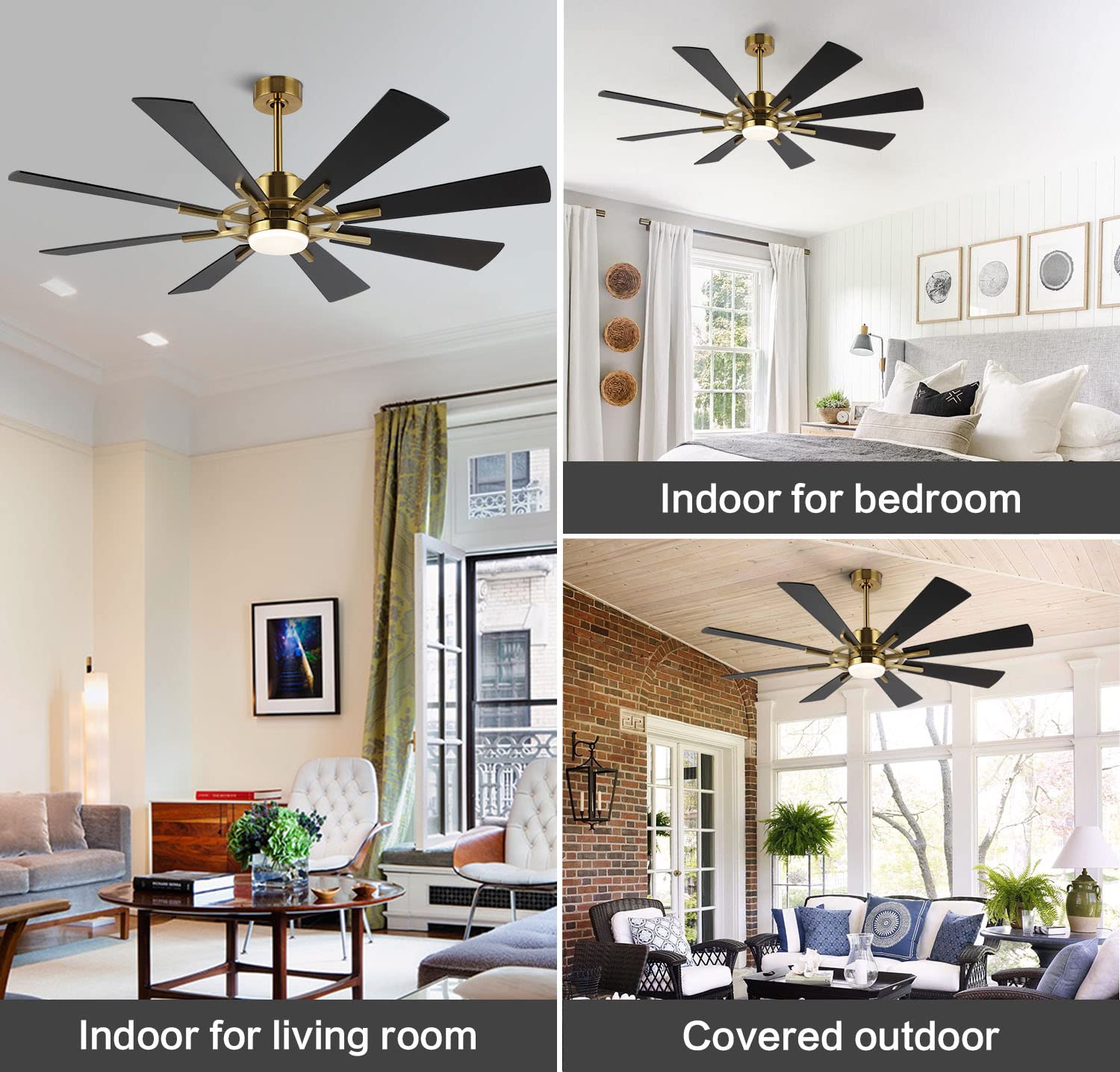 WINGBO 60" DC Ceiling Fan with Lights and Remote Control, Gold and Black Ceiling Fan, 8 Plywood Blades, 6-Speed Reversible DC Motor, Modern Ceiling Fan Indoor for Kitchen Bedroom Living Room