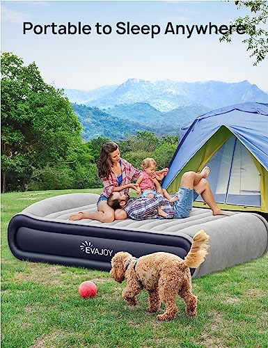 Evajoy Queen Air Mattress with Built-in Pump, Inflatable Air Mattress with Integrated Pillow, Fast Inflation/Deflation, Airbed with Thickened PVC Build, Waterproof Flocking, for Home, Camping, Guests