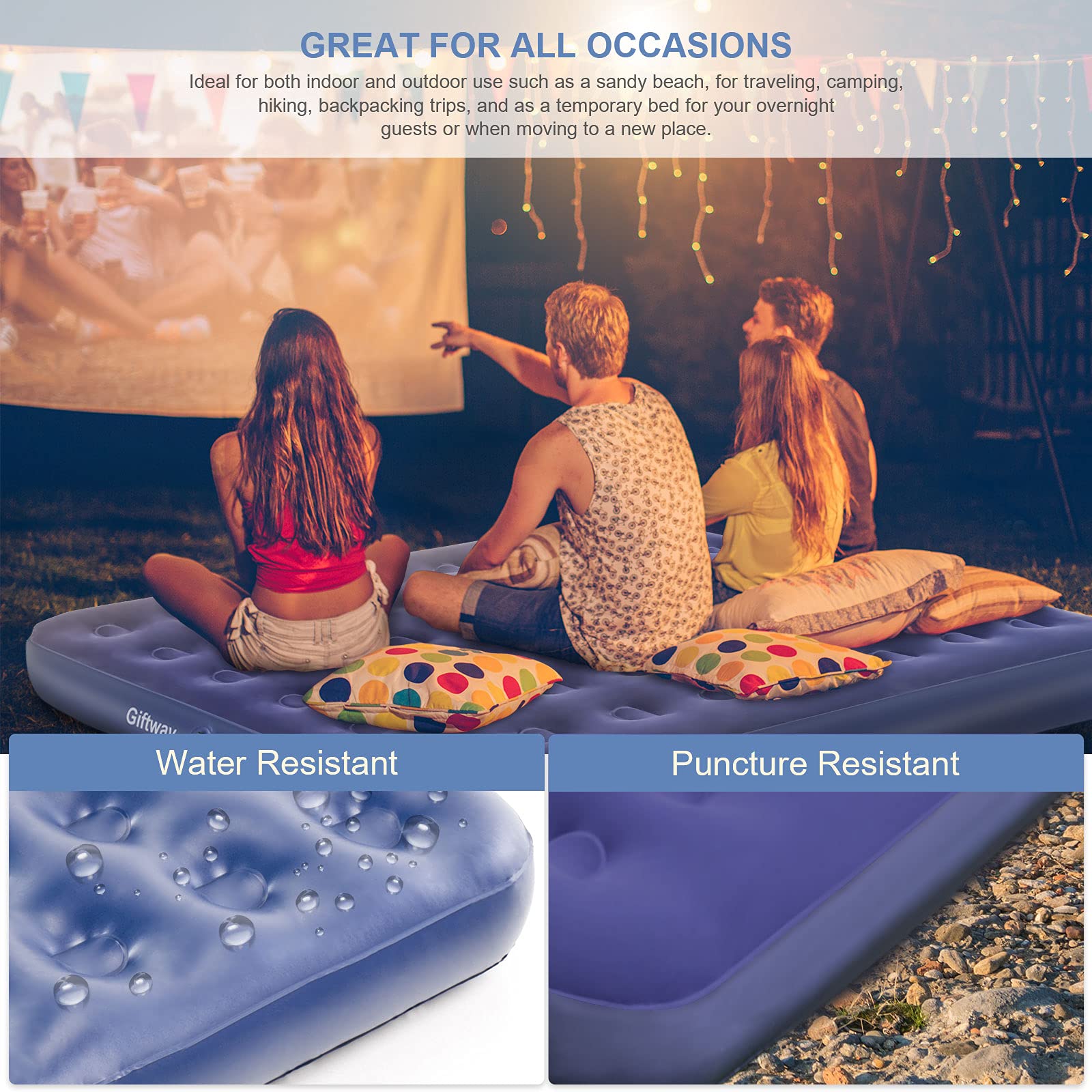 Giftway Queen Camping Air Mattress Inflatable Air Bed - Inflatable Air Mattresses with Flocked Top Foldable Blow Up Bed for Camping Tent/Guest/Travelling - Housewarming Gifts for Women/Men/Kids