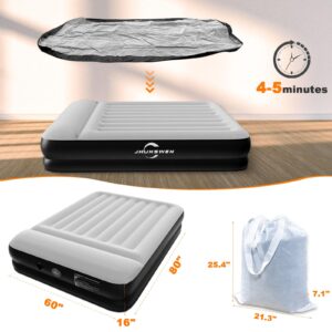 Queen Air Mattress with Built-in Pump/USB Rechargeable Detachable, JHUNSWEN 16" Raised Durable Inflatable Queen Air Mattress Built-in Pillow for Camping, Home & Guests, Easy Inflation/Deflation Airbed