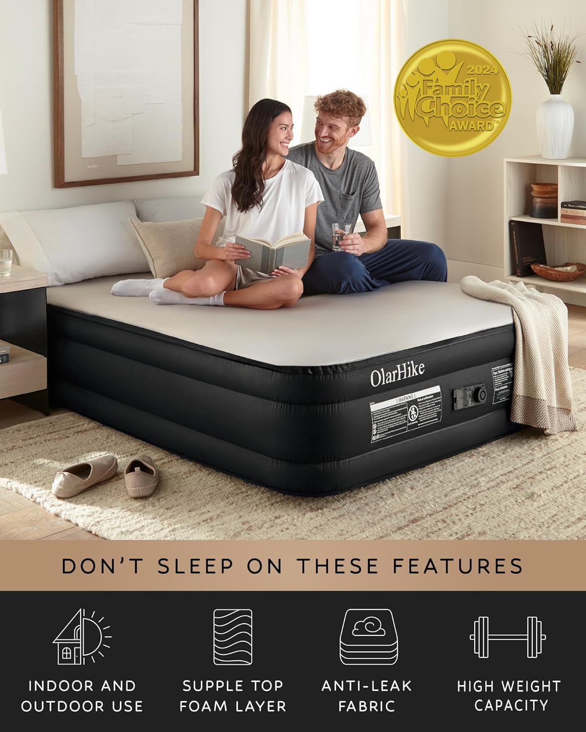 OlarHike Signature Collection Queen Air Mattress with Built in Pump,18” Luxury Air Mattress with Silk Foam Topper for Camping, Home & Guests, Fast & Easy Inflation/Deflation Airbed Black