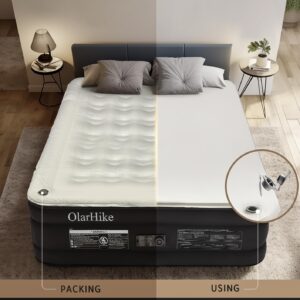 OlarHike Signature Collection Queen Air Mattress with Built in Pump,18” Luxury Air Mattress with Silk Foam Topper for Camping, Home & Guests, Fast & Easy Inflation/Deflation Airbed Black