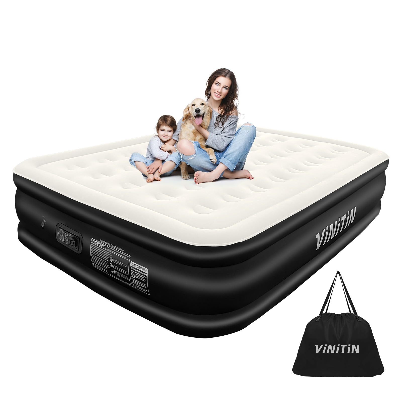 Vinitin Air Mattress Queen with Built in Pump, 18" Elevated Inflatable Blow Up Mattress with Self-Inflation/Deflation, Soft Flocked Top Air Bed for Guest, Home,Camping, 80x60x18in, 660lb Max