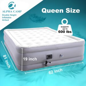 ALPHA CAMP 19” Queen Size Air Mattress with Built-in Pump, Double Height Inflatable Airbed Blow Up Mattress with Soft Plush Top, Airbed for Home Guests Portable Camping Travel