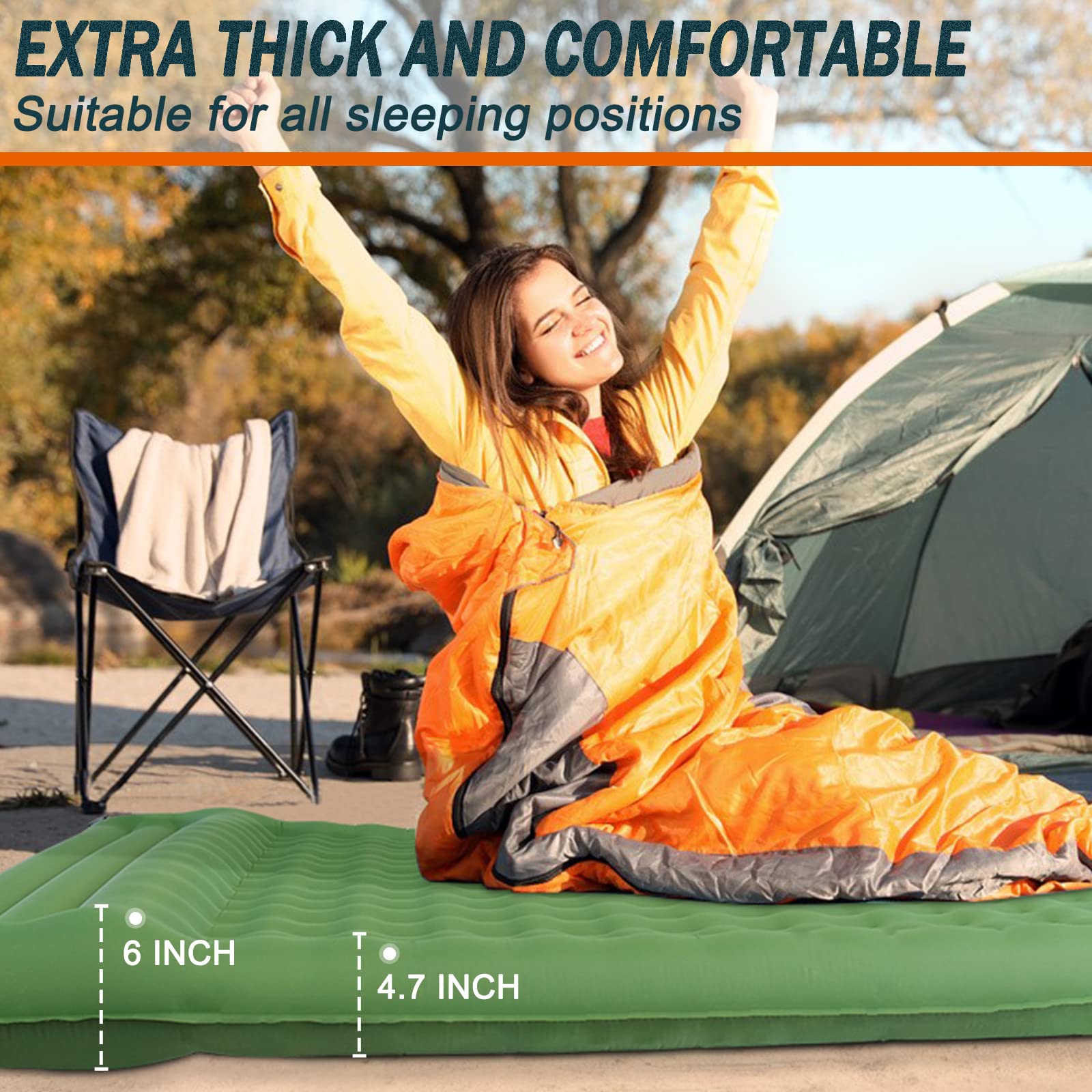 NOWTOWIN Double Sleeping Pad, 4.7 Inch Extra Thick Comfort Sleeping Mat for Backpacking Hiking Outdoor, Queen Camping Air Mattress with Built in Foot Pump, Compact Inflatable Camping Mat with Pillow