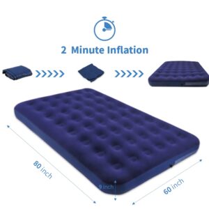 Queen Size Air Mattress Double Air Bed - Foldable Blow Up Mattresses with Flocked top - Portable Inflatable Beds with Patch Kit for Backpacking Tent Camping/Home/Traveling (80"*60")