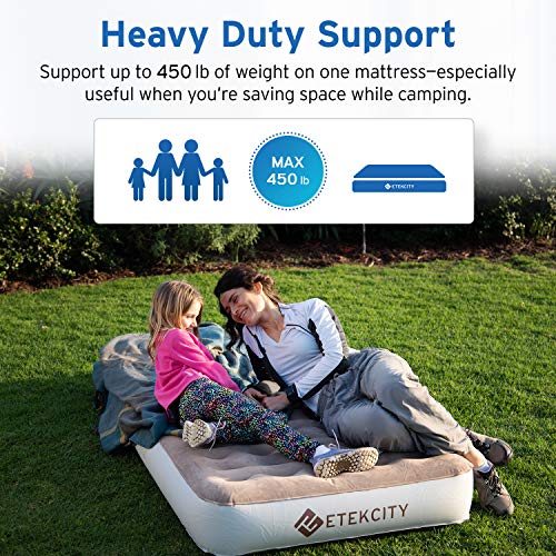 Etekcity Upgraded Camping Air Mattress, Queen Twin Airbed Height 9", Inflatable Bed Blow Up Mattress Raised Airbed with Rechargeable Pump, 2-Year Warranty, Storage Bag,Brown