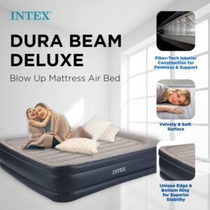 Intex Dura Beam Plus Deluxe Raised Pillow Inflatable Blow Up Portable Firm Air Mattress with Built-in Internal Air Pump, King-Sized Bed