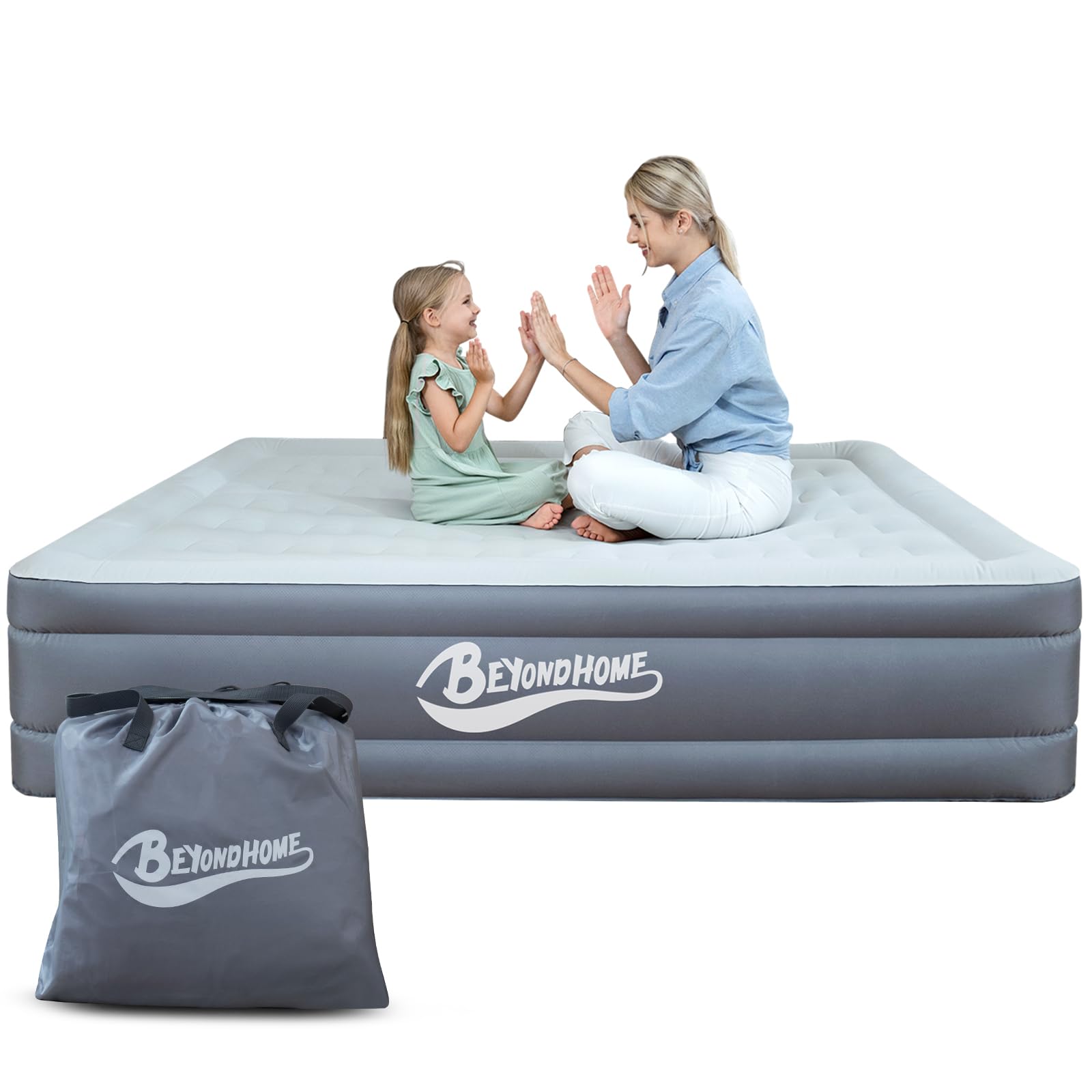 Beyondhome Queen 15inch Grey PVC-Free Air Mattress with Built-in Pump, Odorless, Adjustable Air Content, Strong Support, Durable, Anti-slip, Fast Packing, Lightweight