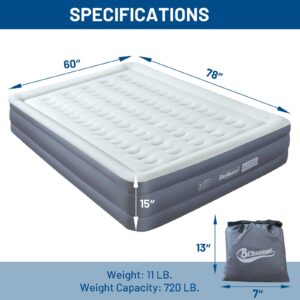 Beyondhome Queen 15inch Grey PVC-Free Air Mattress with Built-in Pump, Odorless, Adjustable Air Content, Strong Support, Durable, Anti-slip, Fast Packing, Lightweight