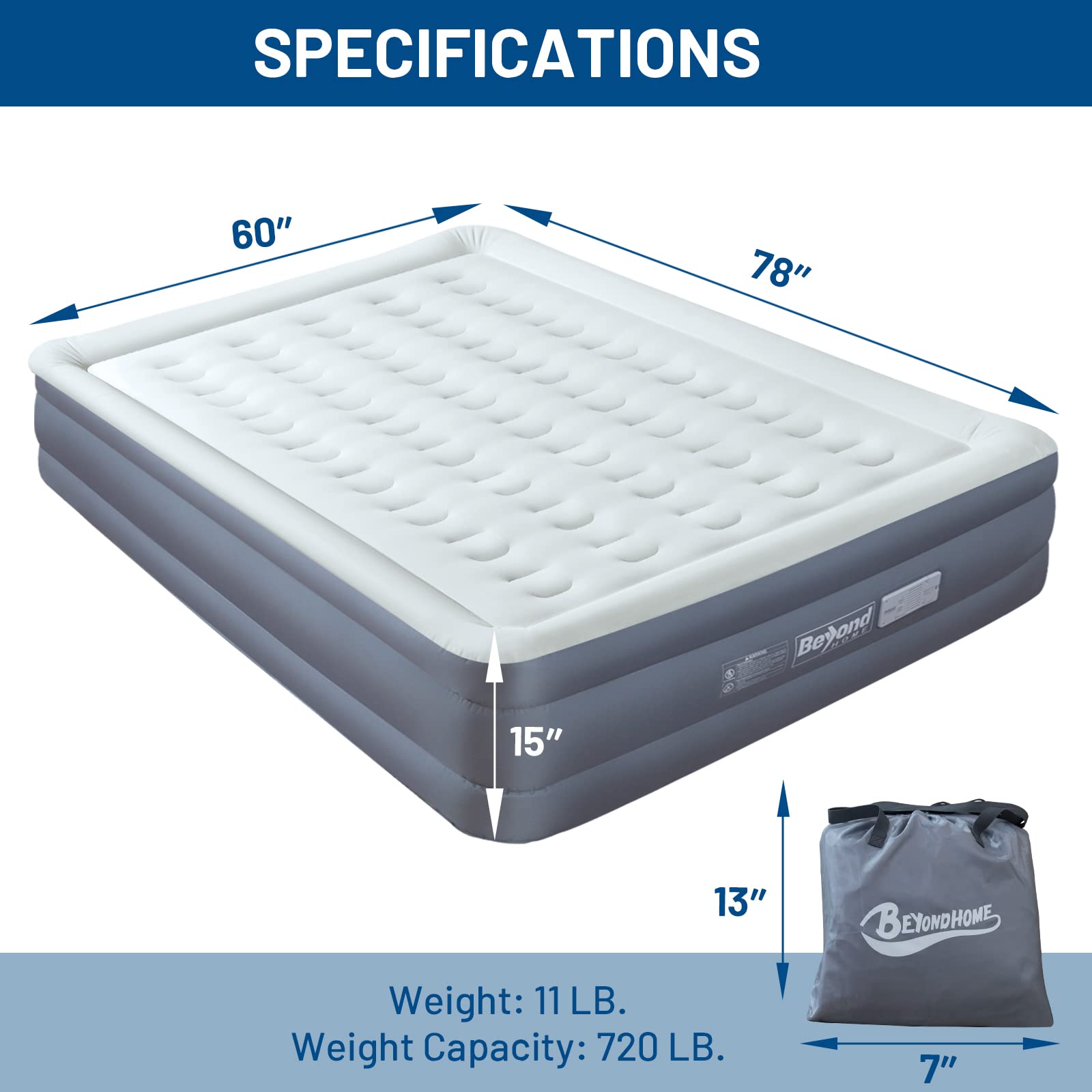 Beyondhome Queen 15inch Grey PVC-Free Air Mattress with Built-in Pump, Odorless, Adjustable Air Content, Strong Support, Durable, Anti-slip, Fast Packing, Lightweight