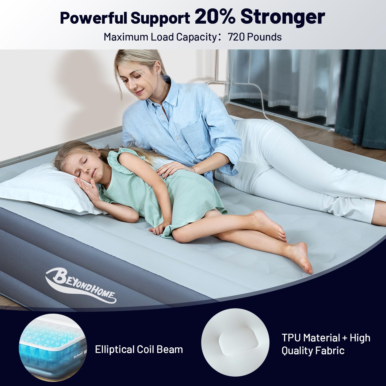 Beyondhome Queen 15inch Grey PVC-Free Air Mattress with Built-in Pump, Odorless, Adjustable Air Content, Strong Support, Durable, Anti-slip, Fast Packing, Lightweight