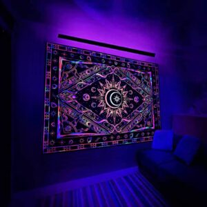 AEFPOYMXU Burning Sun Moon Tapestry Aesthetic Tapestry for Bedroom Black Light Wall Tapestry Boho UV Reactive Posters Wall Hanging Bedroom Living Room Hippie Tapestry(59 × 51 inch)