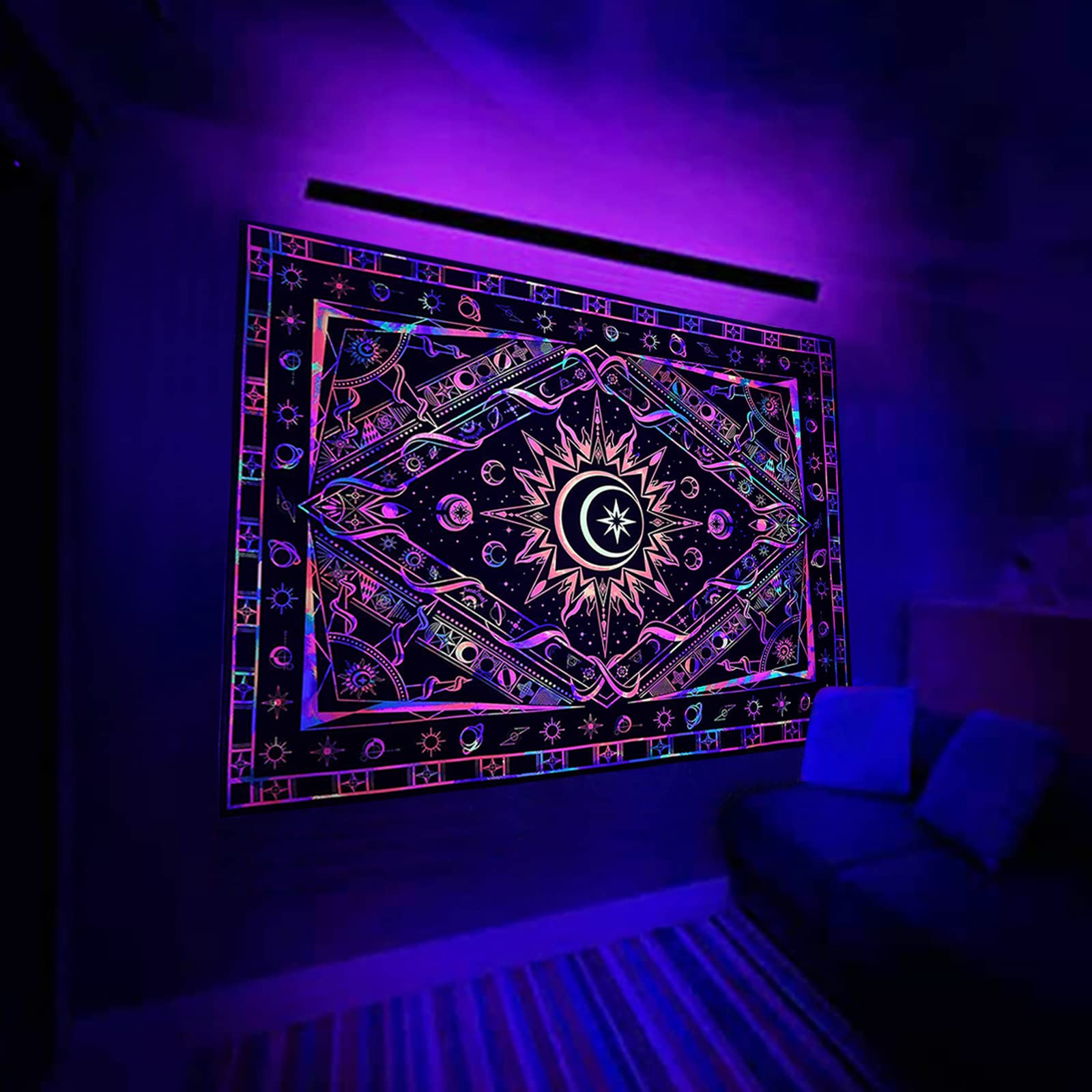 AEFPOYMXU Burning Sun Moon Tapestry Aesthetic Tapestry for Bedroom Black Light Wall Tapestry Boho UV Reactive Posters Wall Hanging Bedroom Living Room Hippie Tapestry(59 × 51 inch)