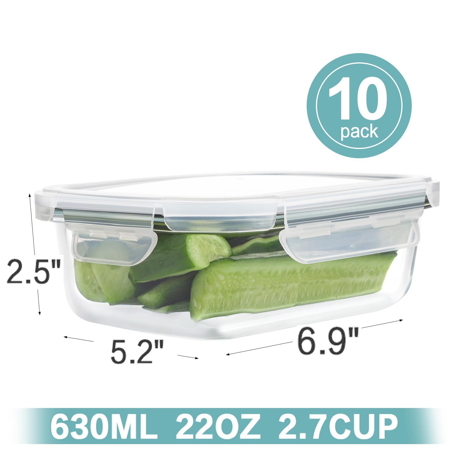 HOMBERKING 10 Pack Glass Meal Prep Containers, Glass Food Storage Containers with Lids, Airtight Glass Lunch Bento Boxes, BPA-Free & Leak Proof (10 lids & 10 Containers) - White