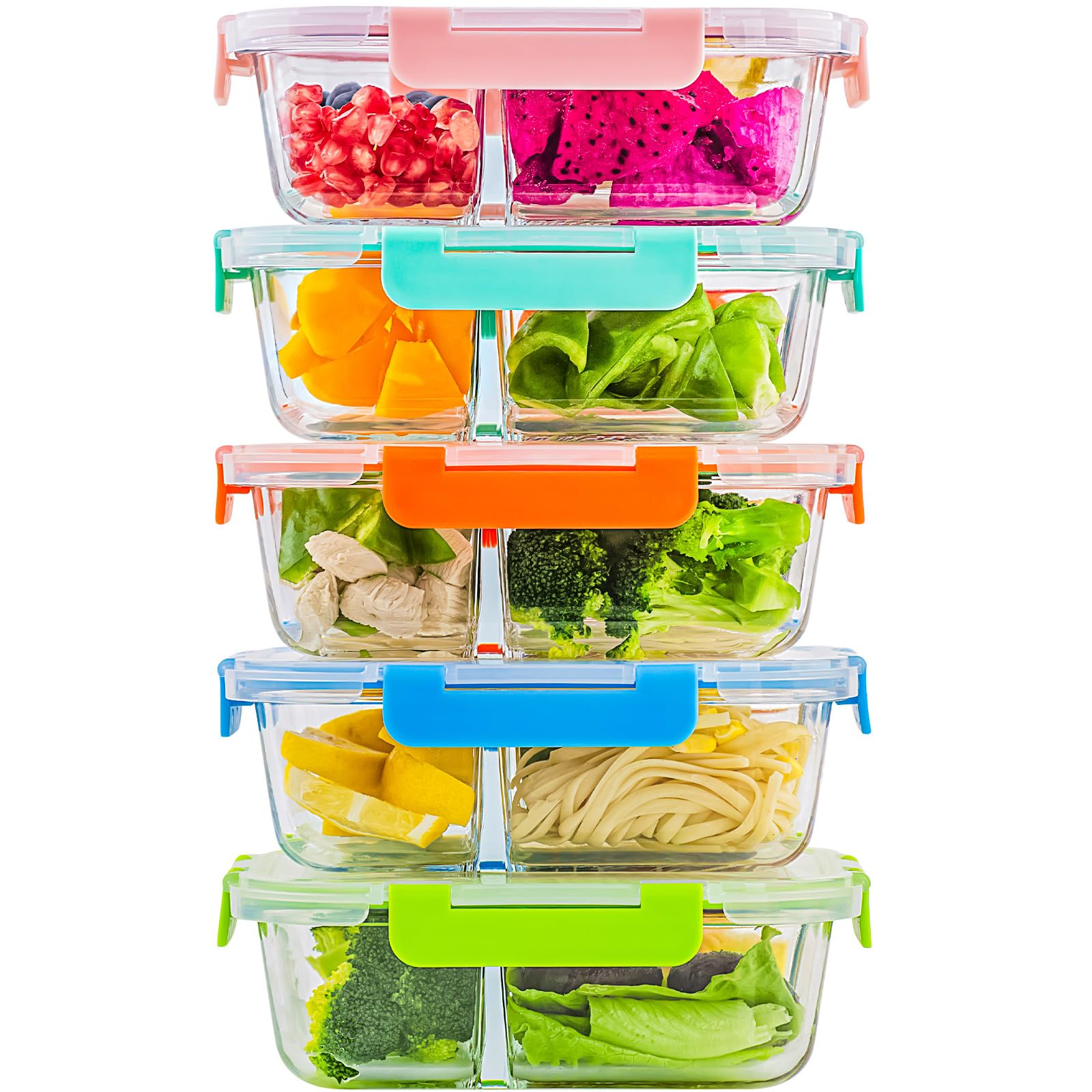 C CREST 5-Pack,3 Compartment Glass Meal Prep Containers Set,34oz, Divided Glass Food Storage Containers with Lids, Glass Lunch Box with Dividers