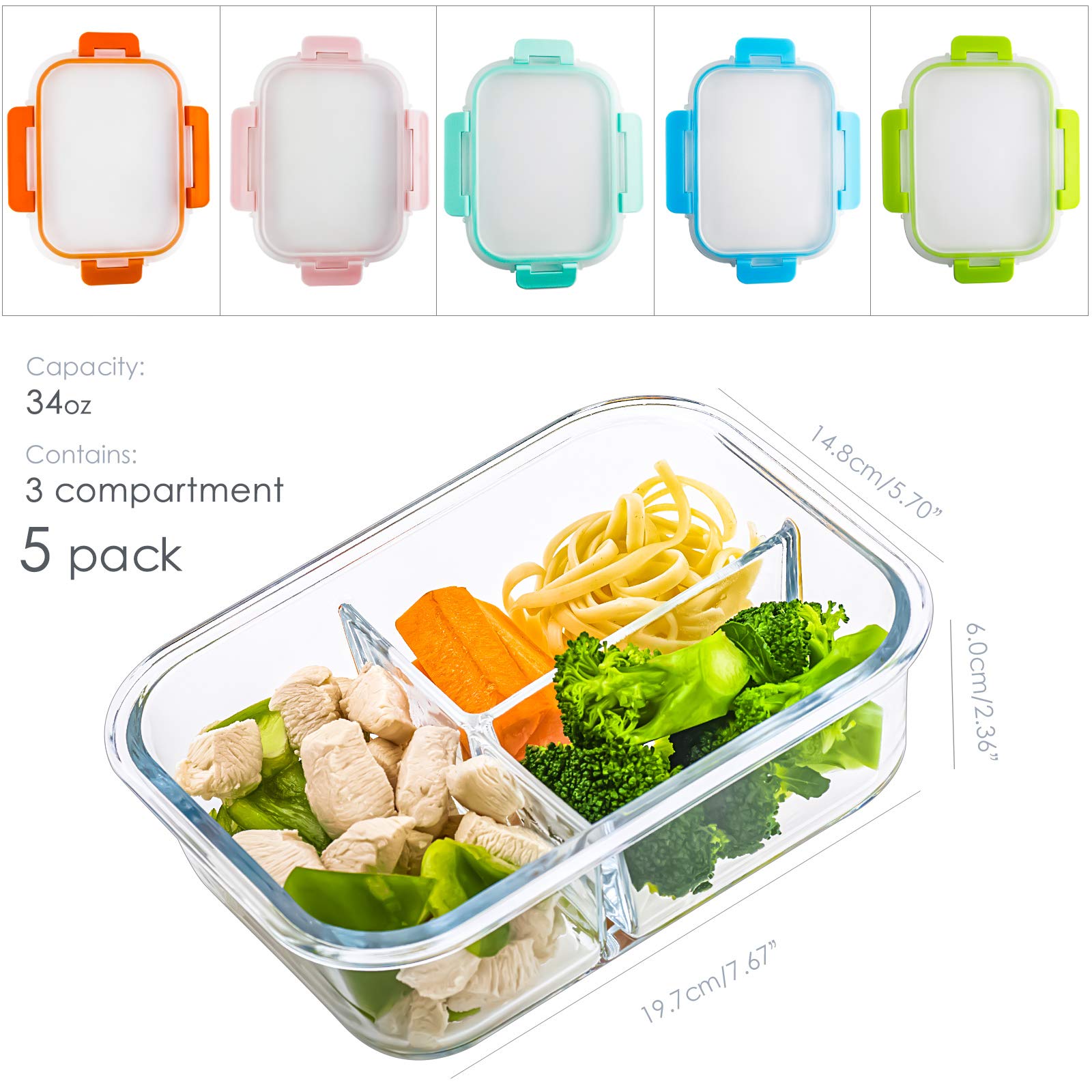 C CREST 5-Pack,3 Compartment Glass Meal Prep Containers Set,34oz, Divided Glass Food Storage Containers with Lids, Glass Lunch Box with Dividers